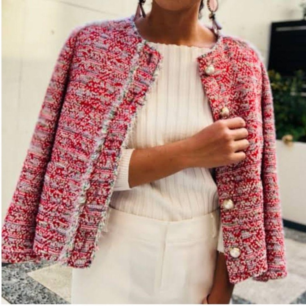 Blogger obsession red pink tweed blazer size L fits medium